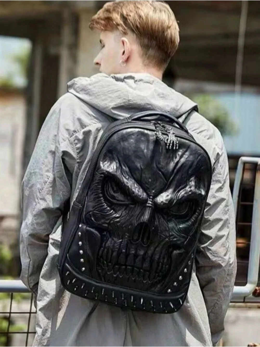 Men's Black Skull Embossed Backpack - Gothic Streetwear Faux Leather Backpack